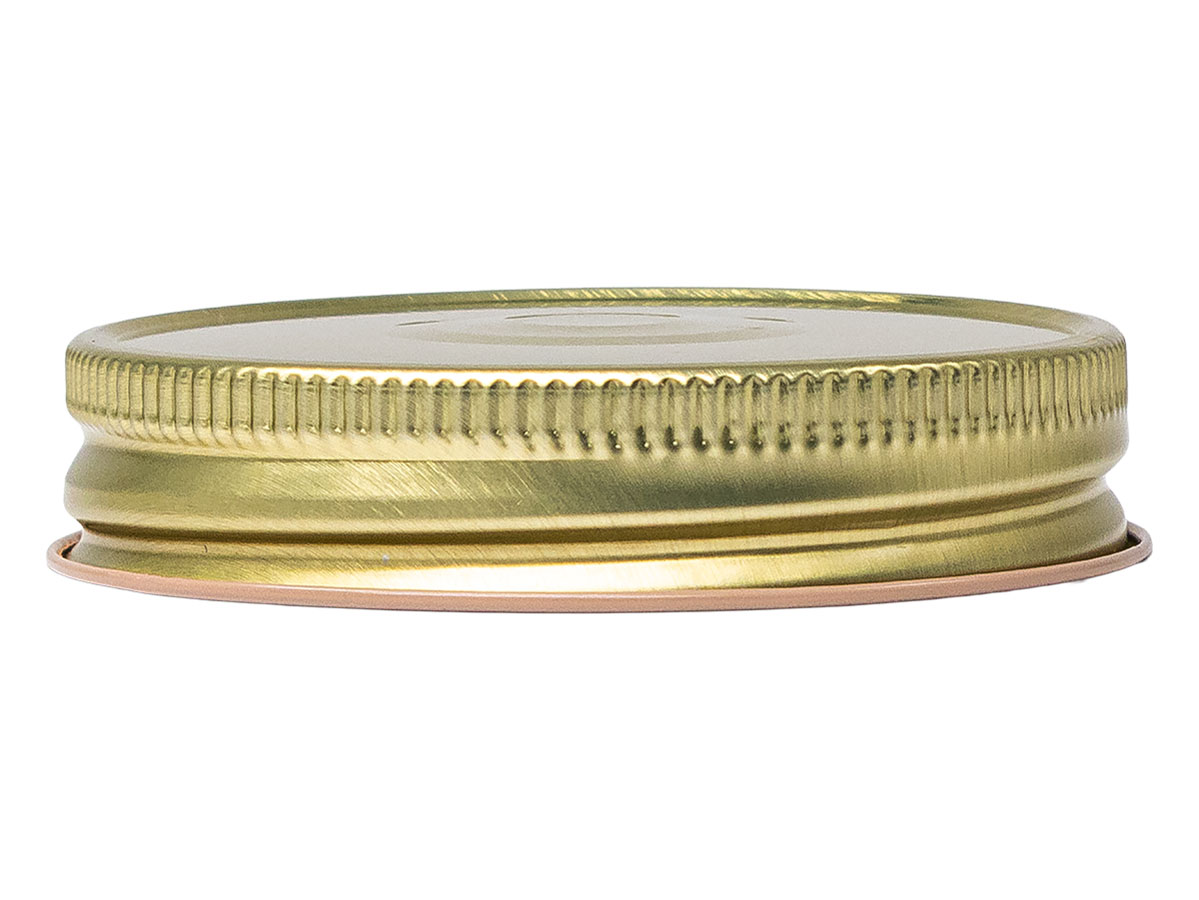 70/450 Finish, Gold, Caps, Metal, Ribbed Neck, Safety Button, Stacking Ring, Plastisol Lnr