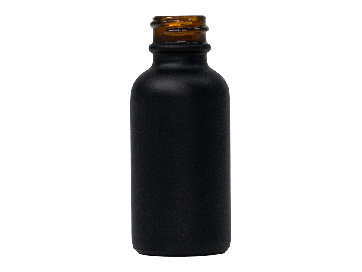 1 oz., 20/400 Finish, Matte Black, Bottles, Glass, Boston Round, Spray Coated
