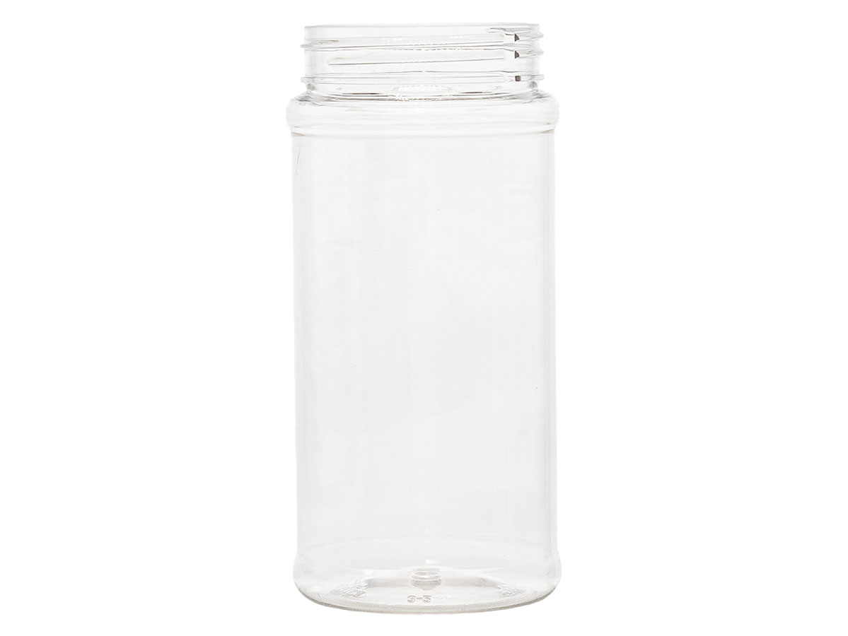 16 oz., 63/485 Finish, Clear, Jars, PET, Spice Style Cylinder Round, Label Panel
