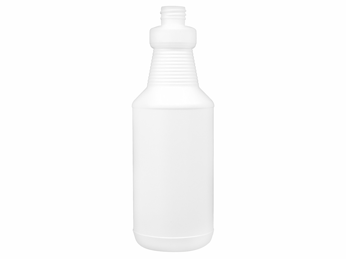32 oz., 28/410 Finish, White, Bottles, HDPE, Carafe Style Round, Ringed Neck, Label Panel