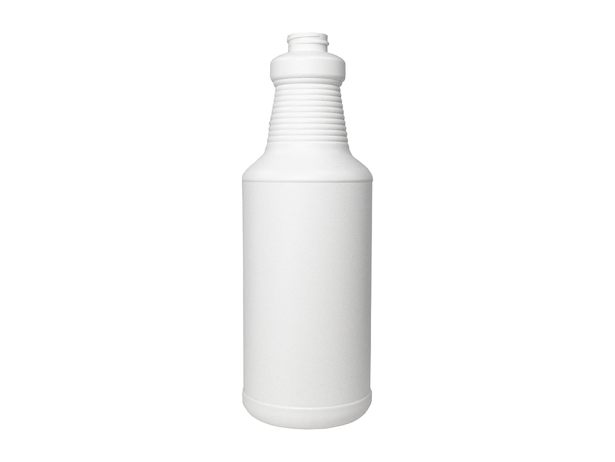 32 oz., 28/400 Finish, White, Bottles, HDPE, Carafe Style Round, Ringed Neck, Label Panel