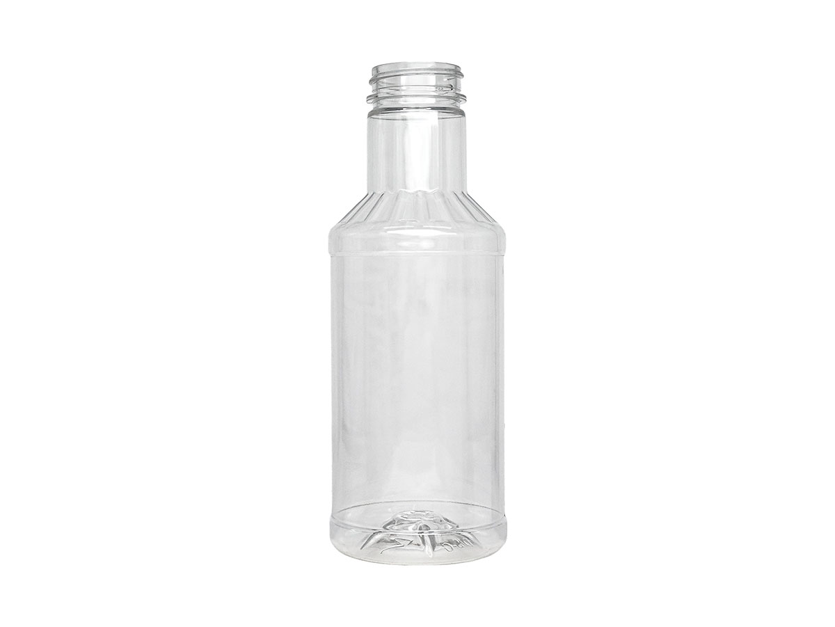 16 oz., 38/400 Finish, Clear, Bottles, PET, Round Sauce Style, Fluted Shoulder, Label Panel