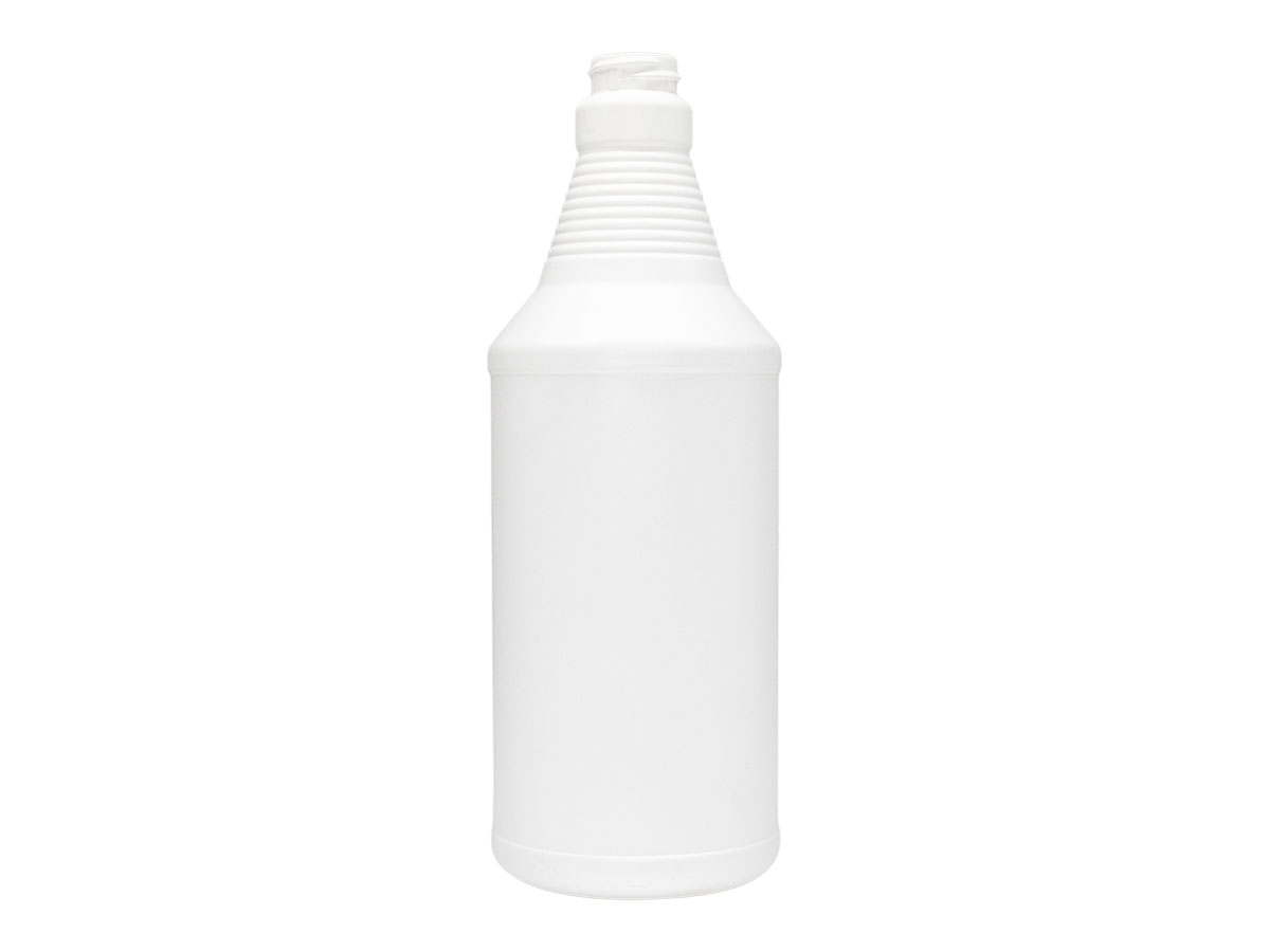 32 oz., 28/400 Finish, White, Bottles, HDPE, Carafe Style Round, Ringed Neck, Label Panel