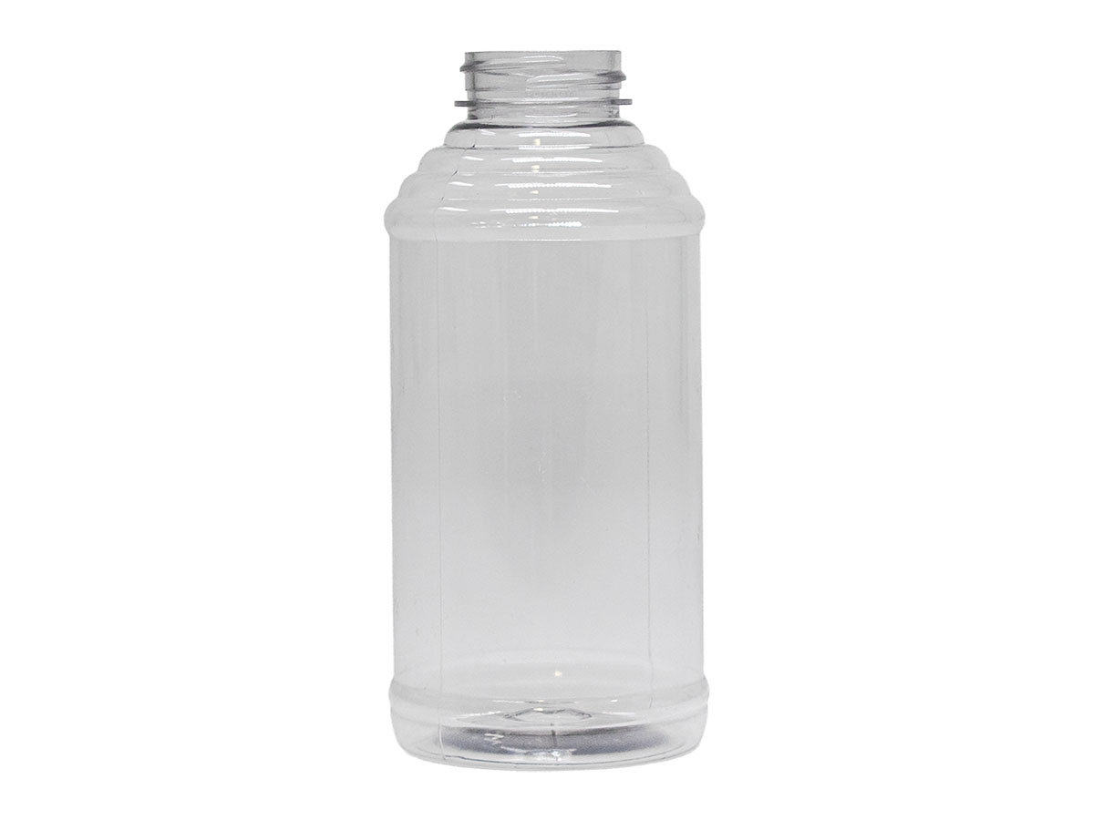 16 oz., 38/400 Finish, Clear, Bottles, PET, Honey Style Round, Ribbed Shoulder, Label Panel