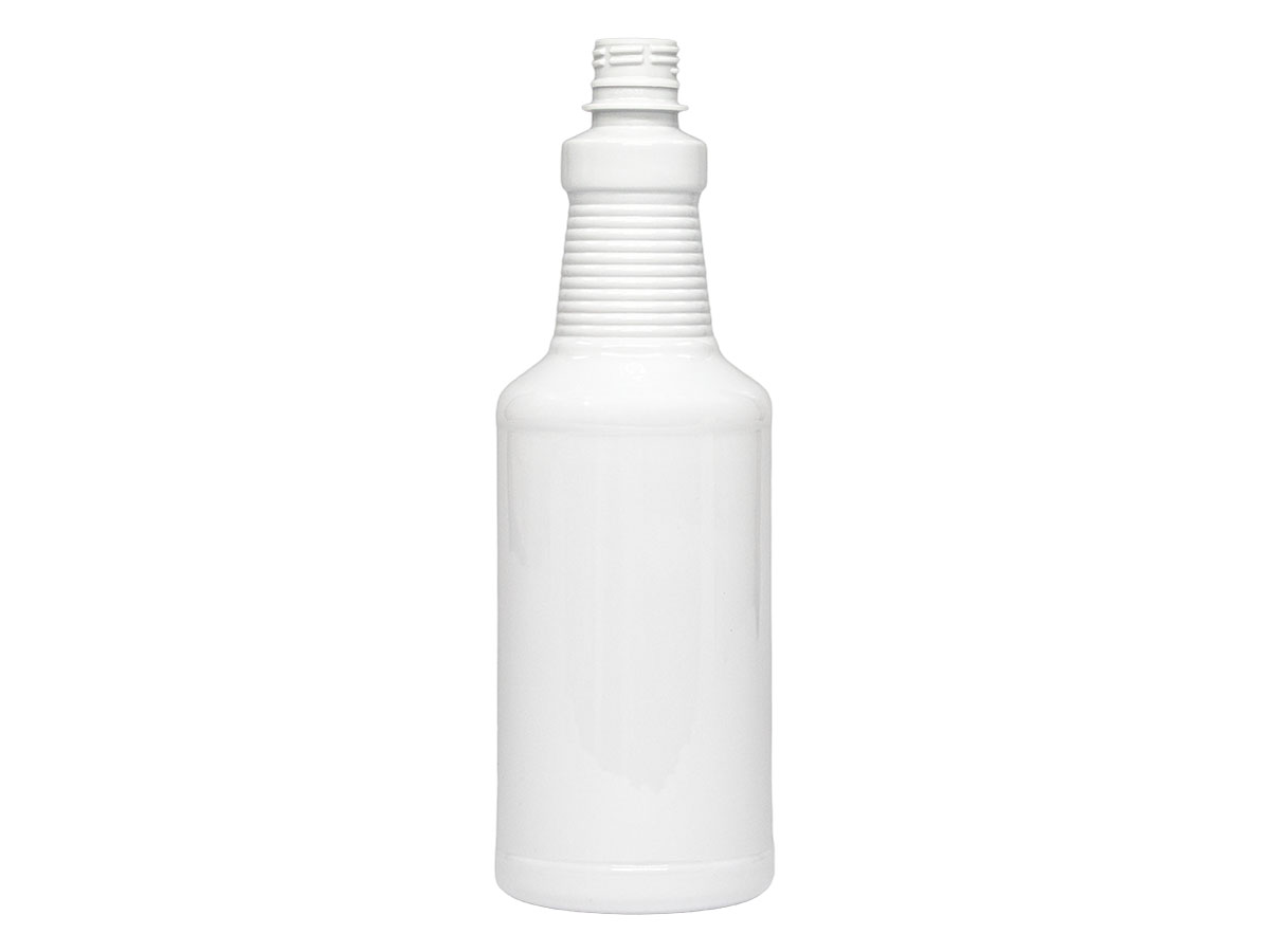 32 oz., 28/410 Finish, White, Bottles, PET, Carafe Style Round, Ringed Neck, Label Panel