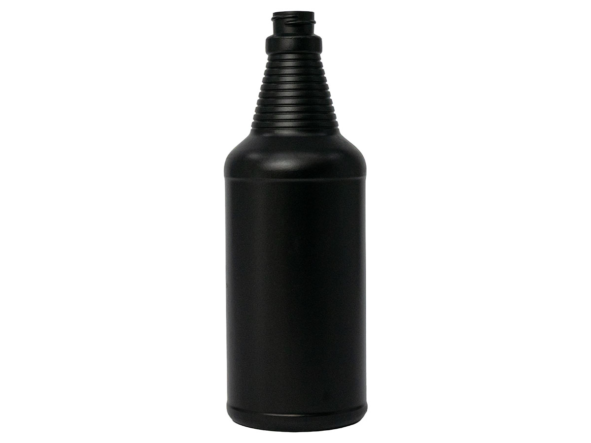 32 oz., 28/400 Finish, Black, Bottles, HDPE, Carafe Style Round, Ringed Neck, Label Panel