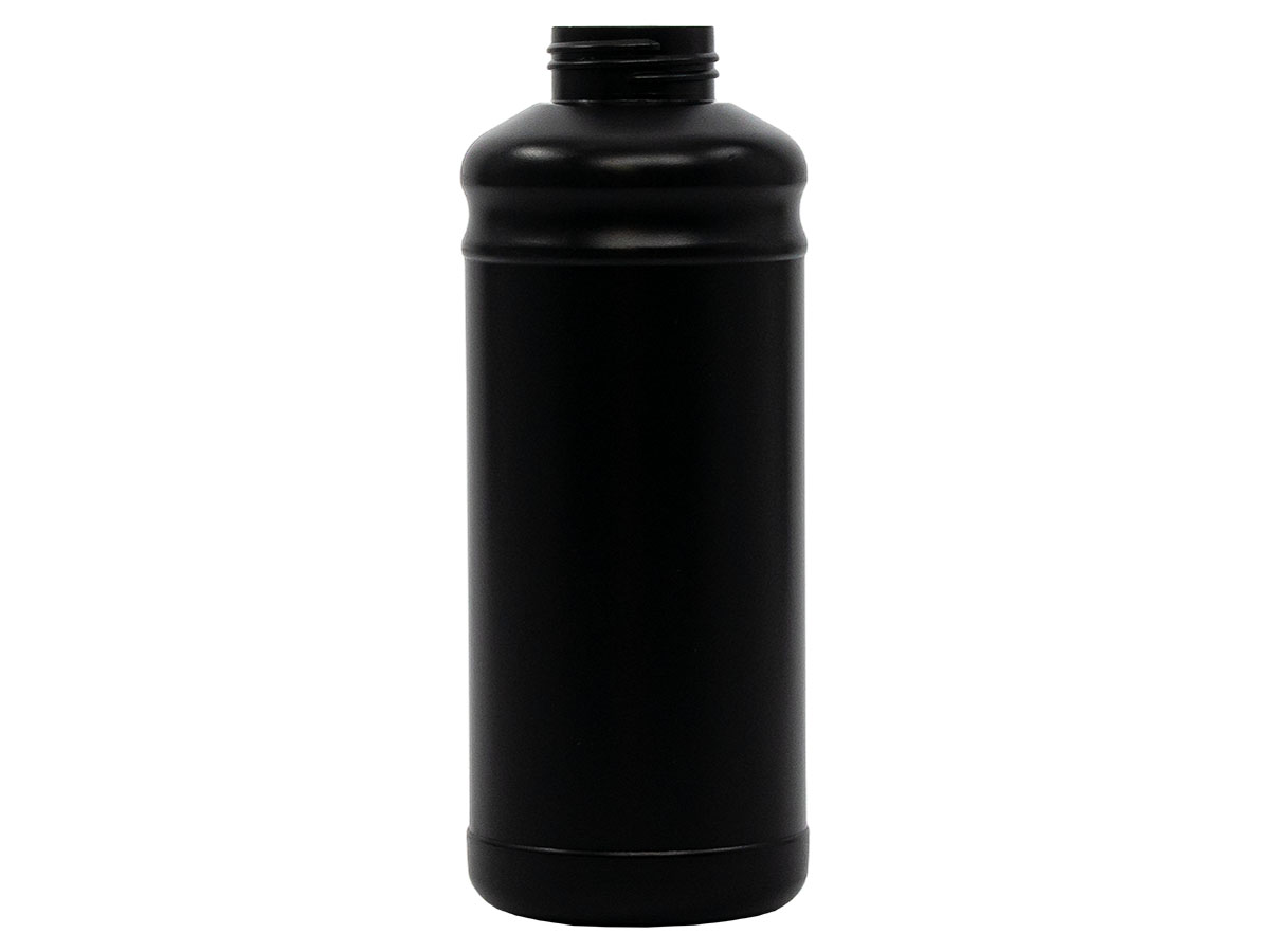 34 oz., 45/445 Finish, Black, Bottles, HDPE, Round, Indented Shoulder, Label Panel