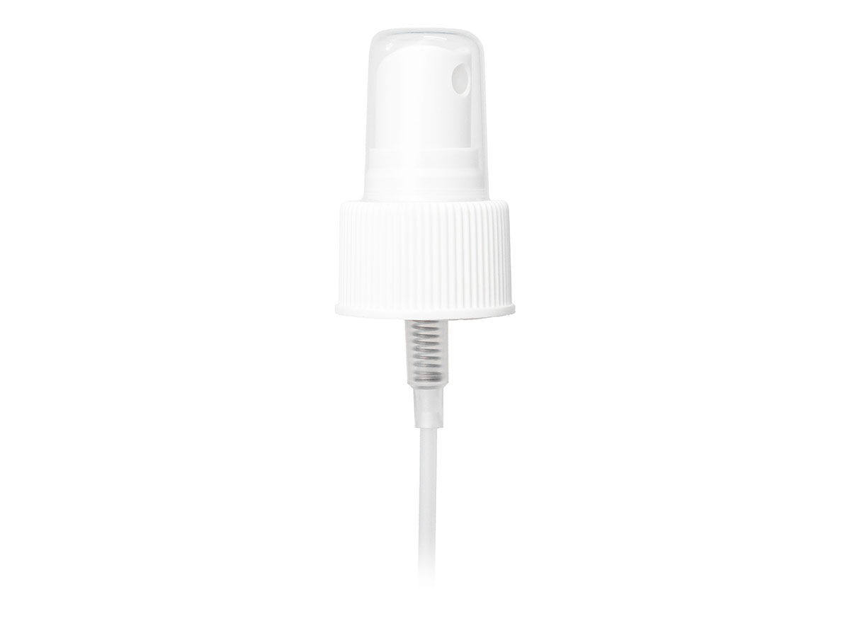 24/410 Finish, White, Sprayers, Fine Mist, Fine Ribbed, Clear Hood, 5 3/8" DT