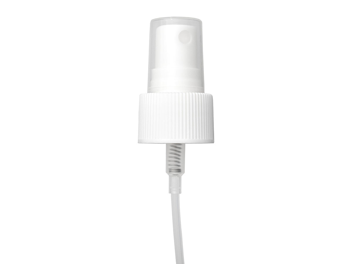 24/410 Finish, White, Sprayers, Fine Mist, Fine Ribbed, Clear Hood, 4 3/4" DT