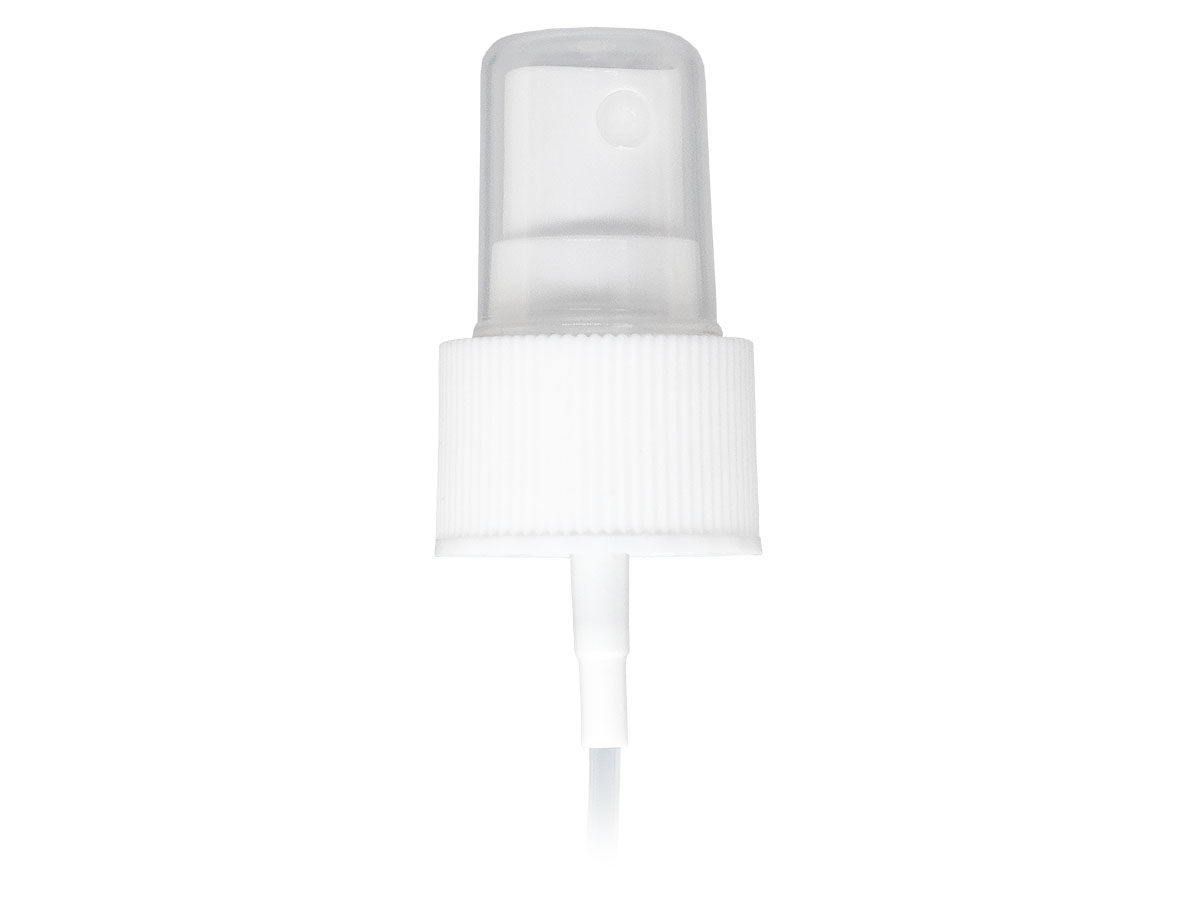 24/410 Finish, White, Sprayers, Fine Mist, Fine Ribbed, Clear Hood, 4 3/4" DT