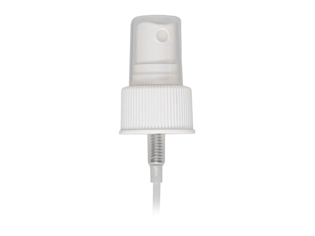 24/410 Finish, White, Sprayers, Fine Mist, Fine Ribbed, Clear Hood, 6 15/16" Dt