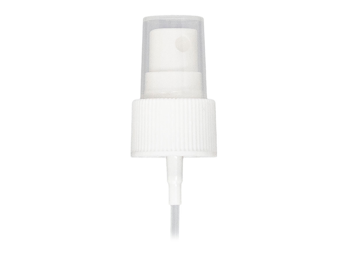 24/410 Finish, White, Sprayers, Fine Mist, Fine Ribbed, Clear Hood, 9 7/8" DT