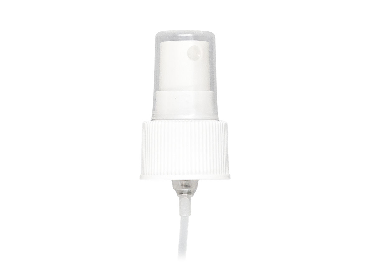 24/410 Finish, White, Sprayers, Fine Mist, Fine Ribbed, Clear Hood, 8 7/8" DT