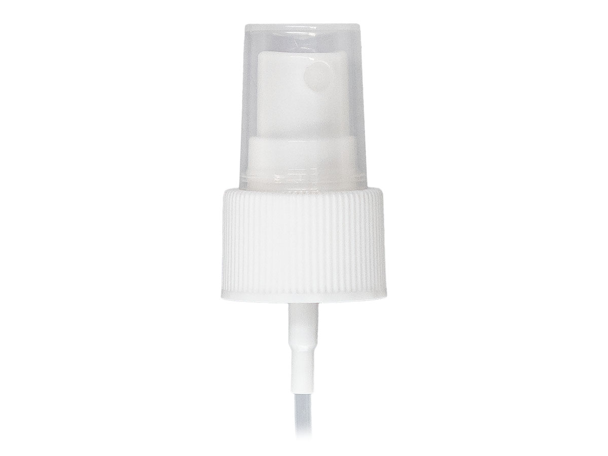 24/410 Finish, White, Sprayers, Fine Mist, Fine Ribbed, Clear Hood, 4" DT