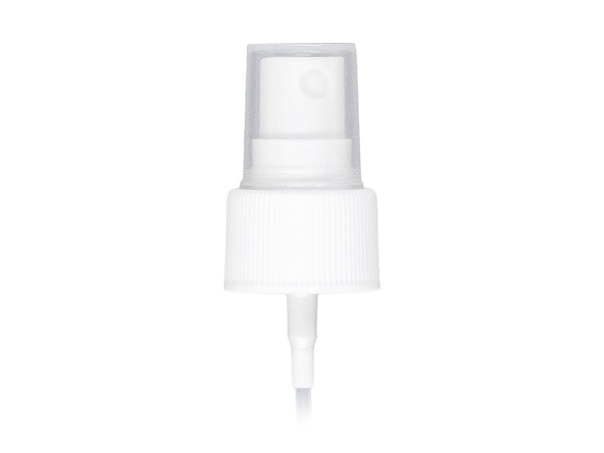 24/410 Finish, White, Sprayers, Fine Mist, Fine Ribbed, Clear Hood, 4 3/4" Dt