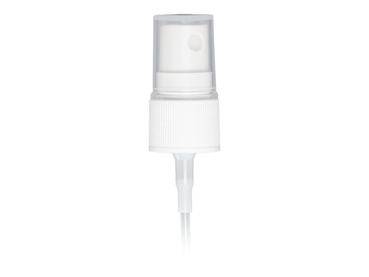 18/410 Finish, White, Sprayers, Fine Mist, Fine Ribbed, Clear Hood, 3 1/8" Dt