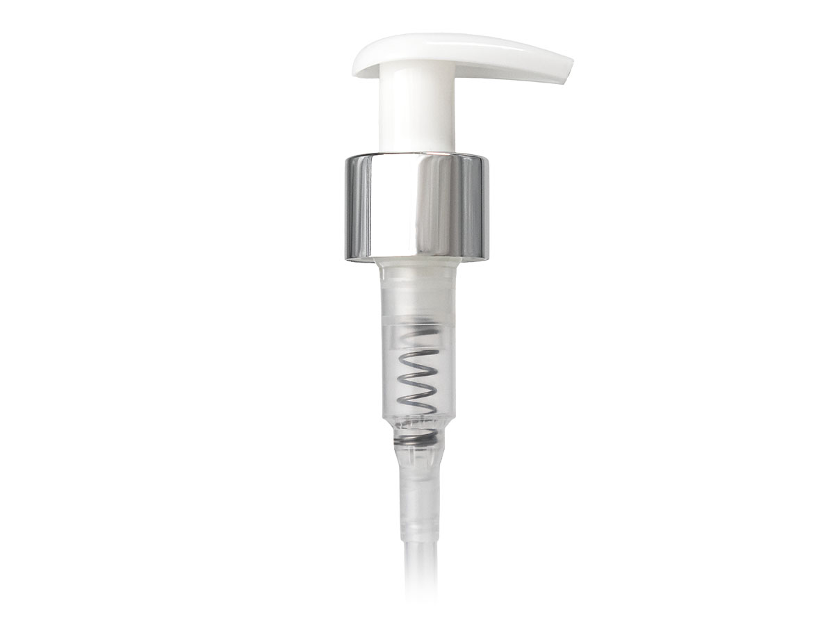 24/410 Finish, Silver/White, Pumps, Lotion, Metal Shell, Lock Up, 1.5cc, 4 9/16" DT