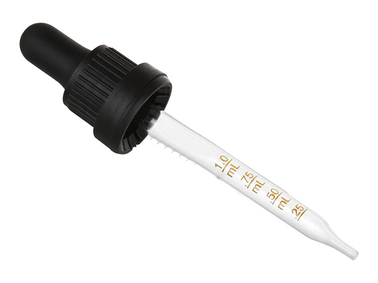 20mm Finish, Black, Droppers, Fine Ribbed, TE Ring, 3 5/16" Glass Pipette