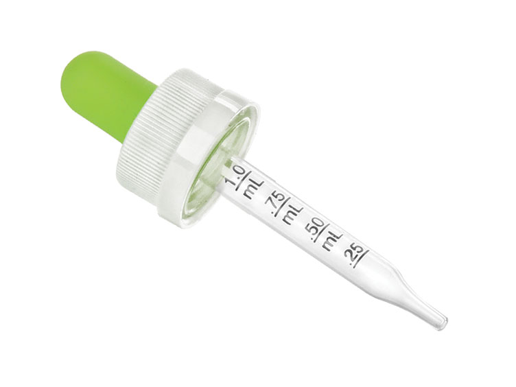 18/400 Finish, White/Green, Droppers, CRC, Fine Ribbed, 2 1/4" Glass Pipette