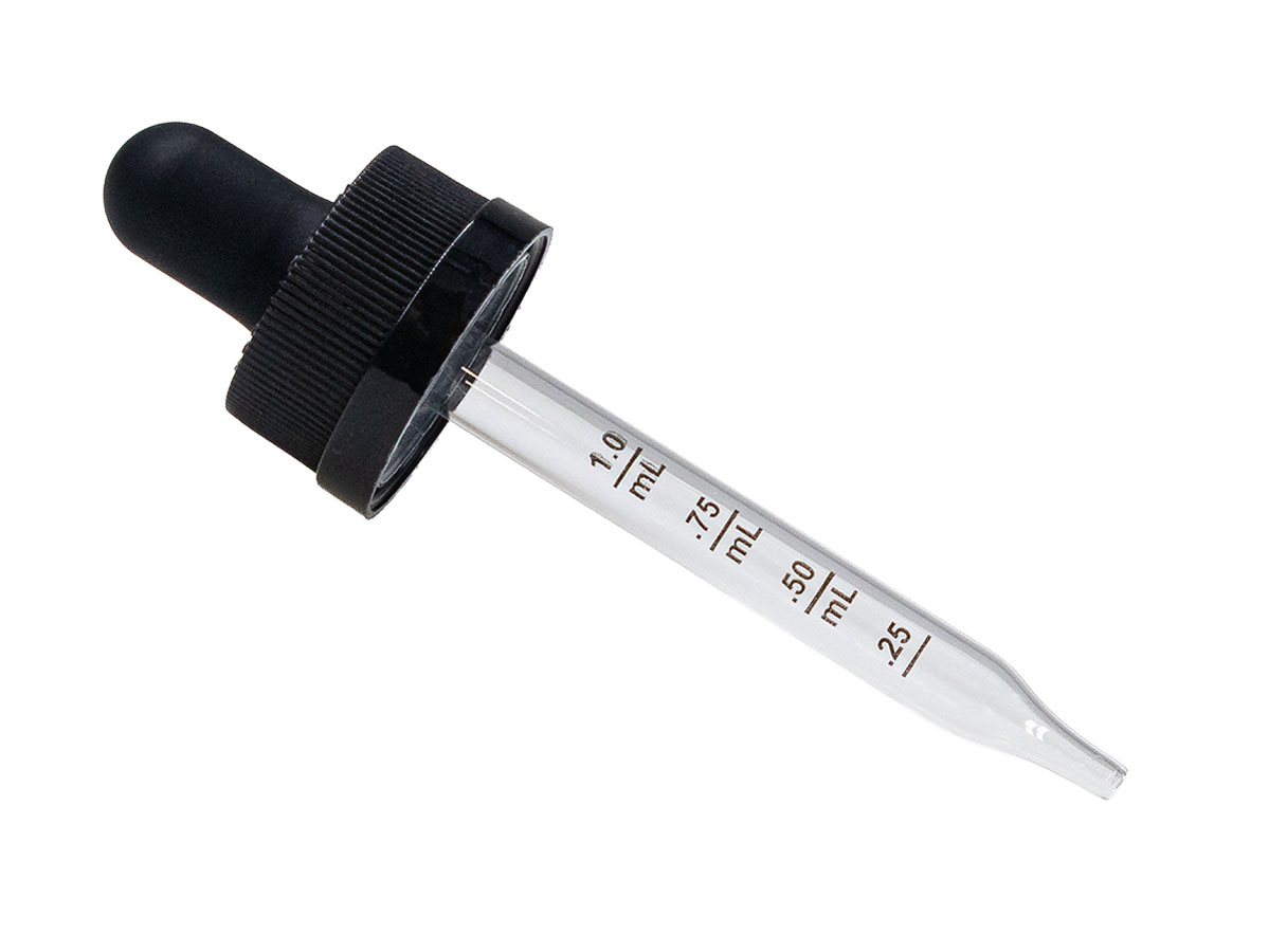 20/400 Finish, Black, Droppers, CRC, Fine Ribbed, 2 11/16" Glass Pipette