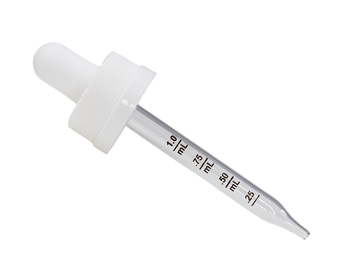 20/400 Finish, White, Droppers, CRC, Fine Ribbed, 2 11/16" Glass Pipette