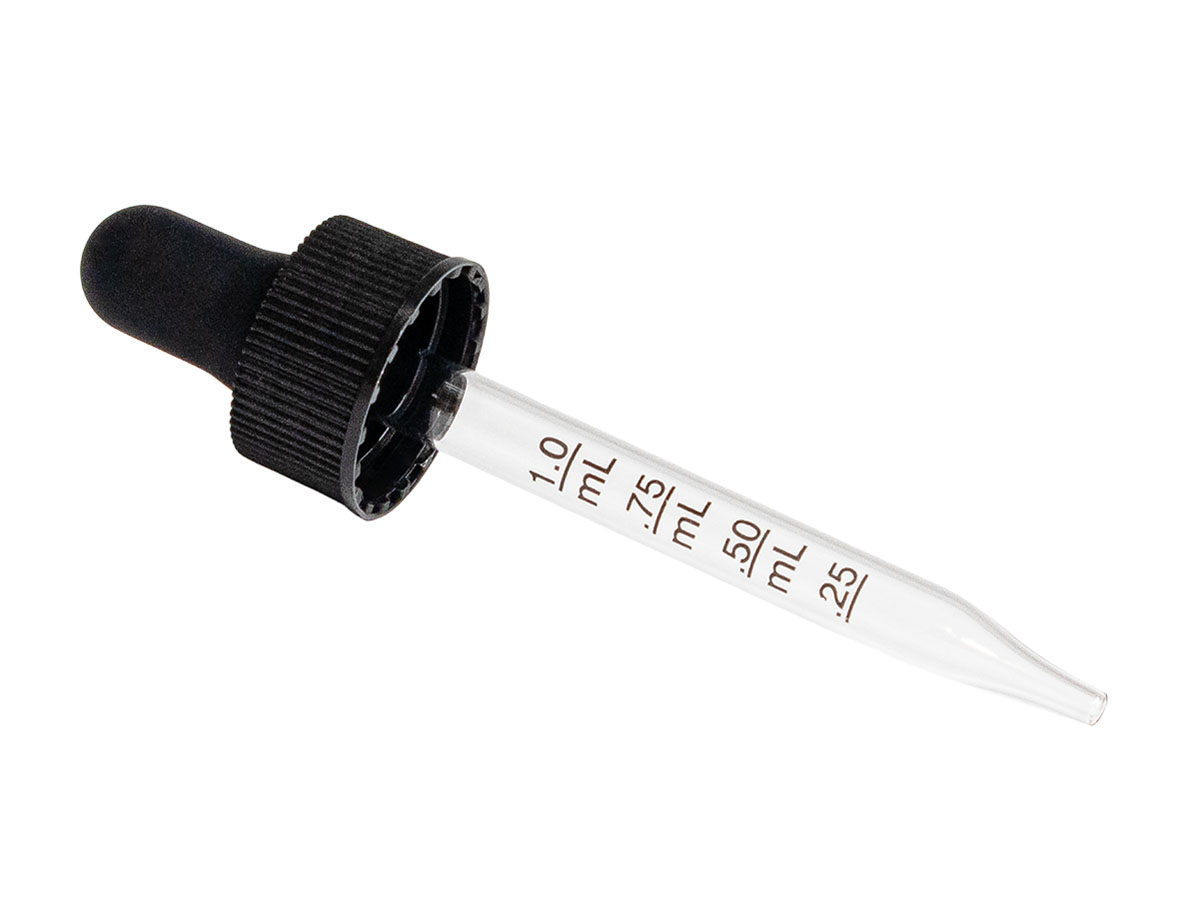 18/400 Finish, Black, Droppers, Fine Ribbed, 2 13/16" Glass Pipette