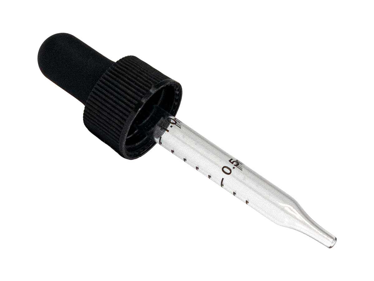 18/400 Finish, Black, Droppers, Fine Ribbed, 2 3/8" Glass Pipette