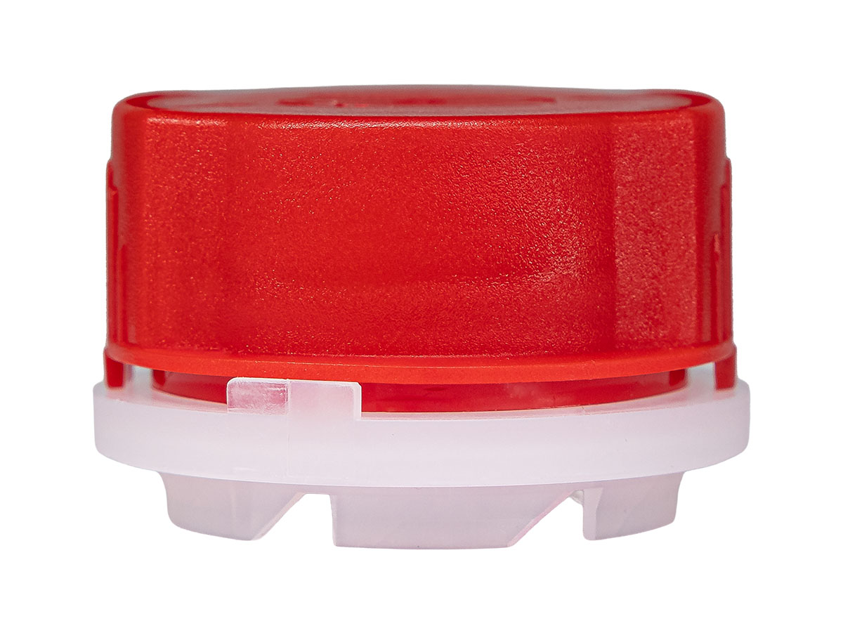 38mm Finish, Natural/Red, Caps, CRC, Fine Ribbed, Squeeze And Turn, Snap On Fitment