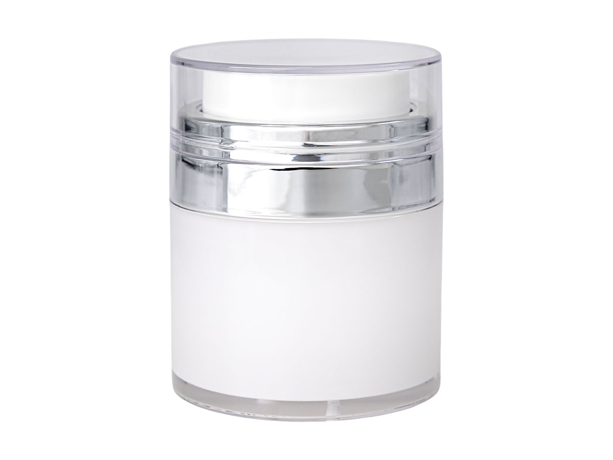30 mL, 51mm Finish, White/Silver, Sets, Jars/Caps, Acrylic Airless Round, White Inner Jar