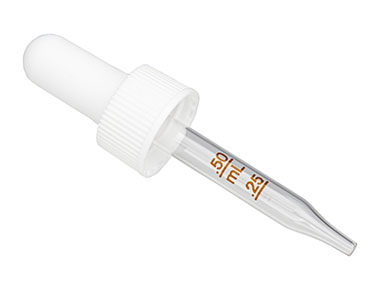 18/410 Finish, White, Droppers, Fine Ribbed, 2 1/8" Glass Pipette